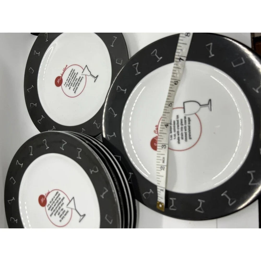 7 Pottery Barn Retro Bar Salad Bread Side Plates Drink Recipes black white 8.5
